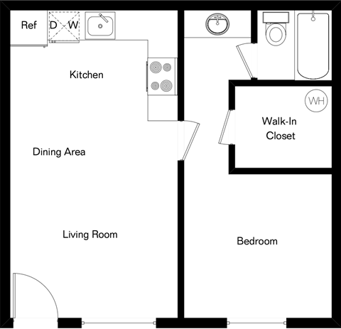 A floor plan of a house with a kitchen, dining area, living room, bedroom and walk-in closet.
